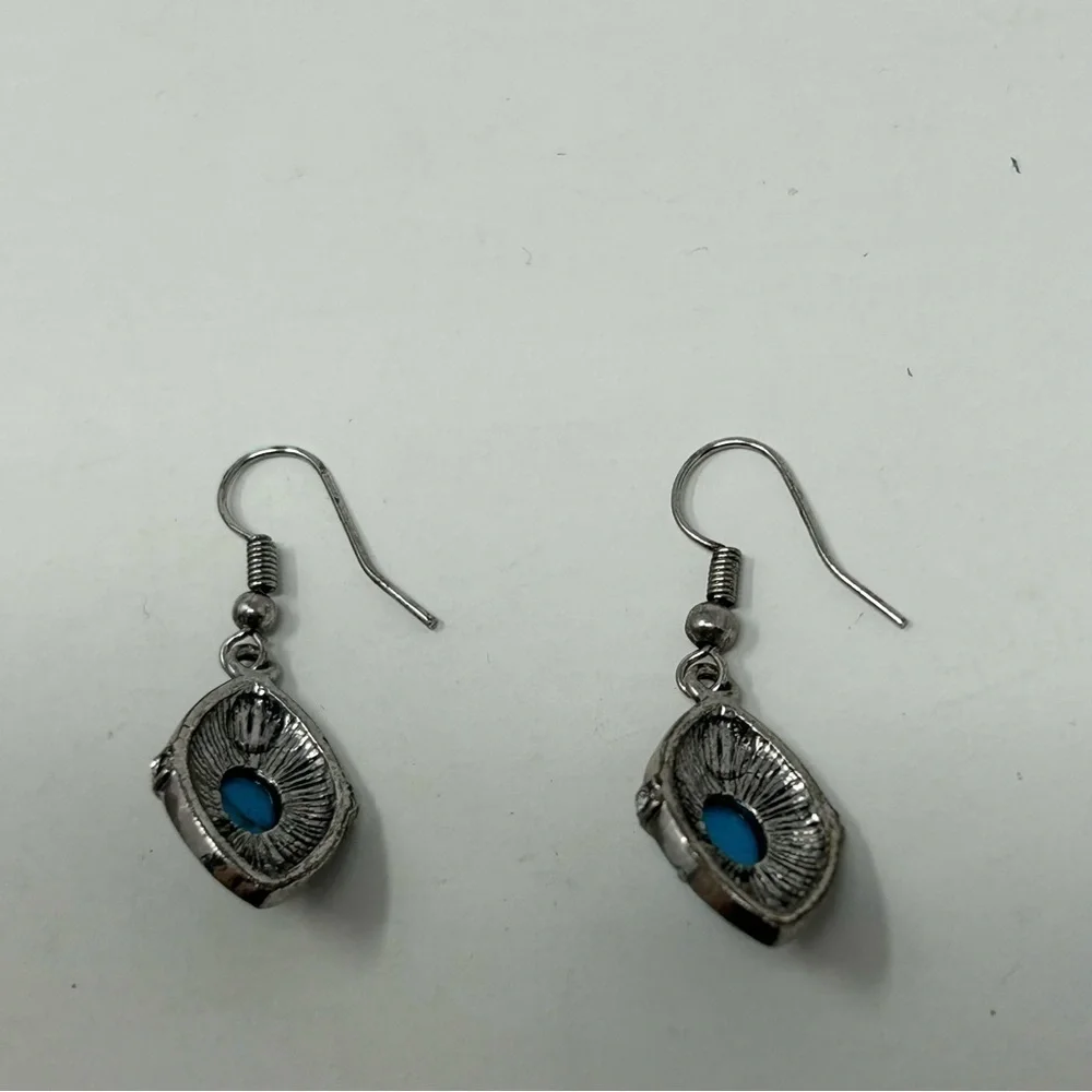 Southwestern Faux Turquoise Diamond Shape Silver Tone Dangle Earrings